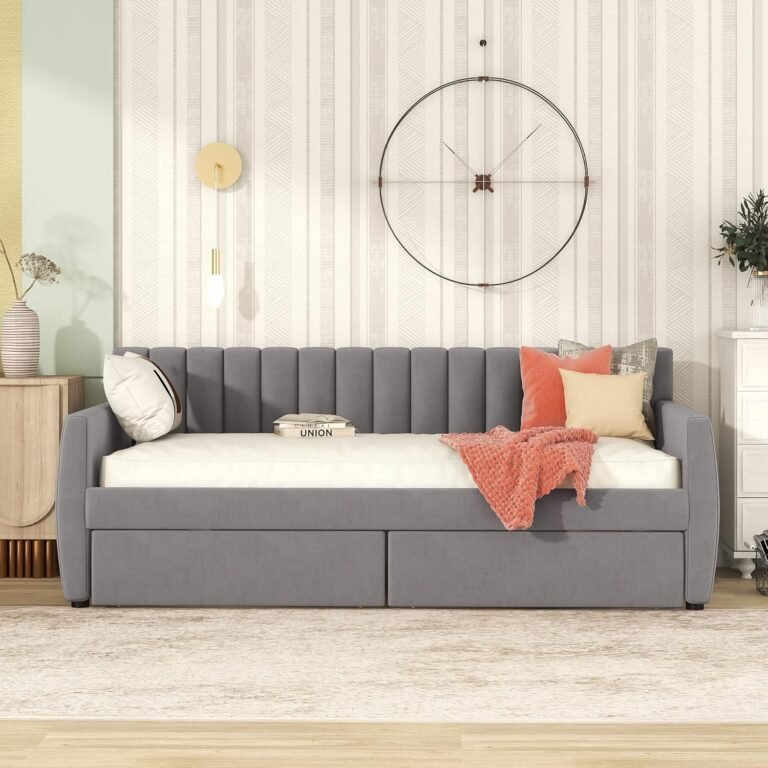 Elegant Design Twin Size Upholstered Daybed with Drawers,Storage Space Wood Slat Support,for Bedroom,Studyroom,Guestroom,Livingroom (Gray-@9.21)