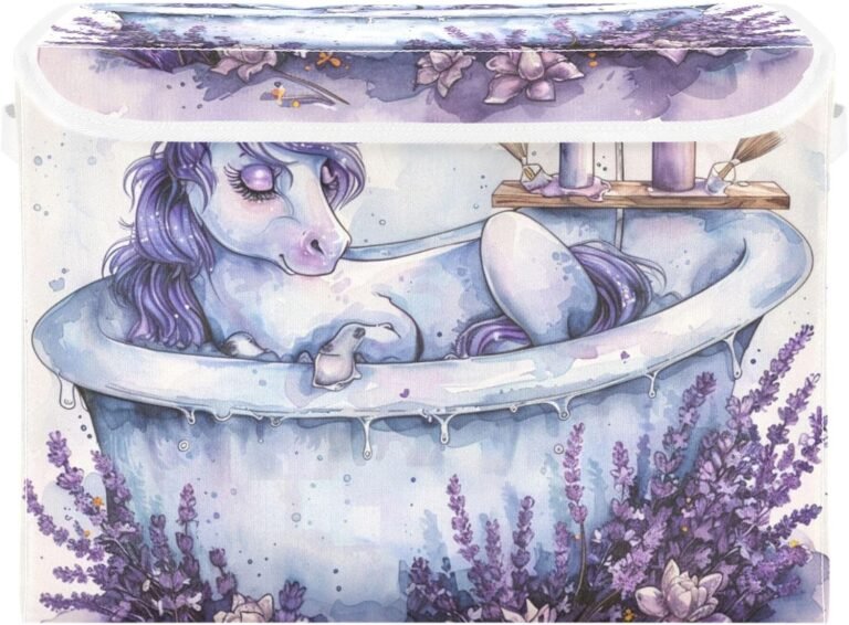JUNZAN Retro Cute unicorns Lavender in Bathtub Relaxing Storage Totes With Lids Foldable Room Storage Containers With Lids for Home Studyroom Home Decor