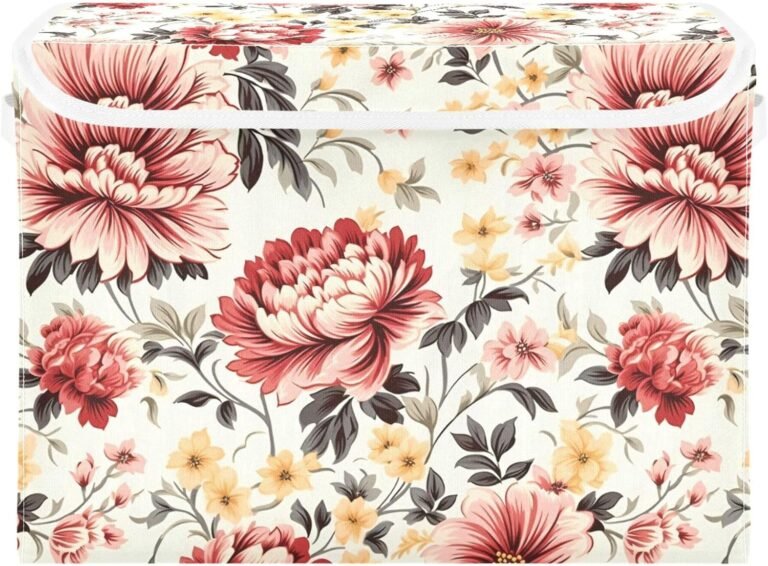 JUNZAN Burgundy Flowers Retro Country Storage Box With Lid Stackable Storage Organizer Bins For Storage for Home Studyroom Office Basket