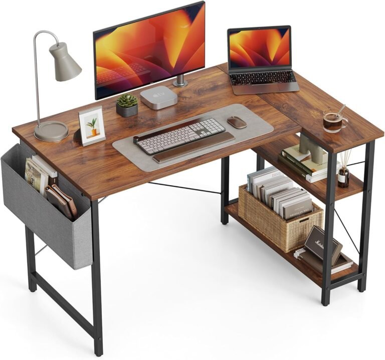 BANTI L Shaped Small Computer Desk with Storage Shelves, 40″ Home Office Small Corner Desk Study Writing Table, Deep Brown