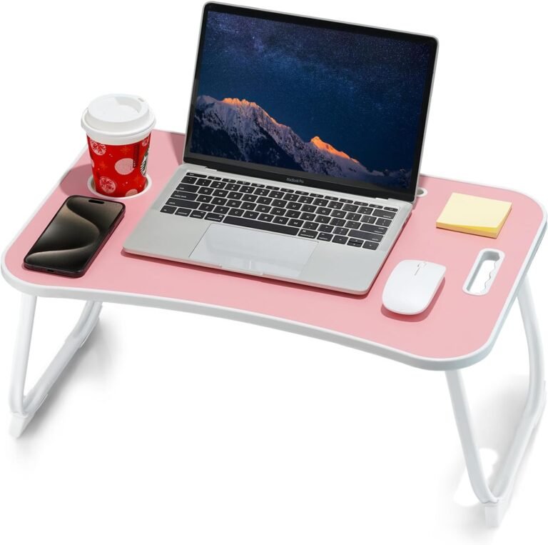 Laptop Bed Desk, Foldable Lap Table, Portable Study Table, Laptop Stand with Cup Holder & Tablet Slot & Lifting Handle for Working Writing Drawing & Eating – Pink