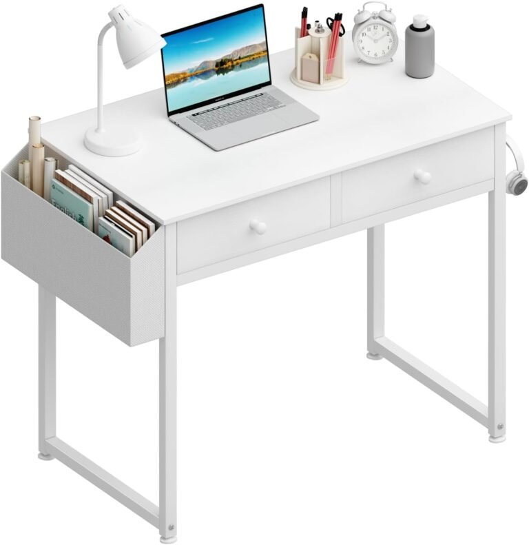 Lufeiya Small White Desk with Drawers – for Bedroom, 32 Inch Home Office Computer Desk with Fabric Storage Drawer and Bag, Study Writing Table for Small Spaces, White