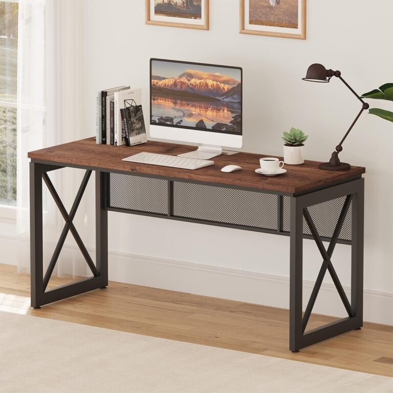 BON AUGURE 60 Inch Computer Desk for Home Office, Industrial Metal Wood Desk, Farmhouse Large Writing Desk, Modern Sturdy Gaming Desk (Rustic Oak)