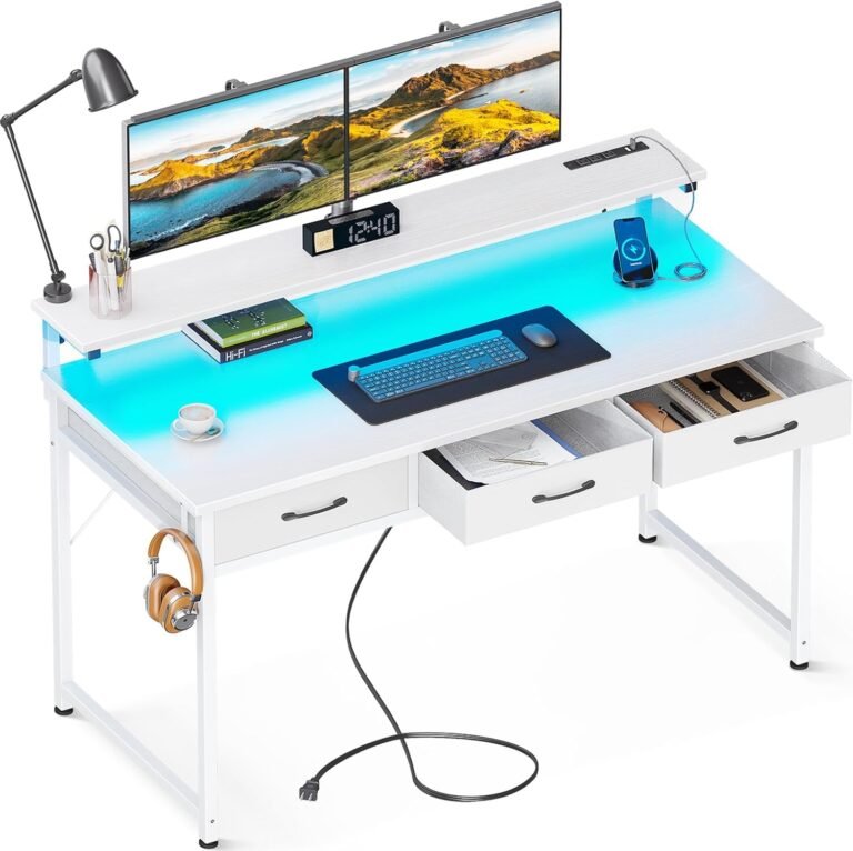 ODK 55 Inch Computer Desk with 3 Drawers and USB Power Outlets, Home Office Desks with LED Lights and Adjustable Monitor Stand, Work from Home, Modern Work/Writing/Study Table for Bedroom, White