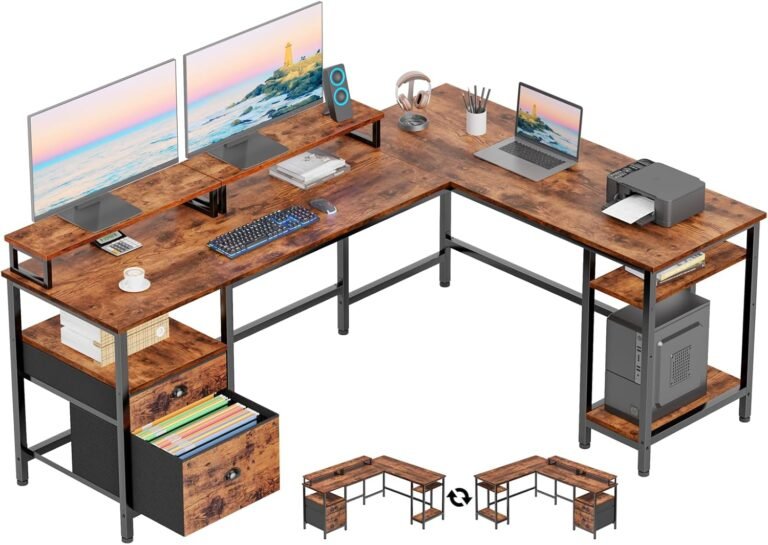 Furologee 66″ L Shaped Computer Desk with Shelves, Reversible Corner Gaming Desk with File Drawer and Dual Monitor Stand, Large Home Office Desk Writing Study Table Workstation, Rustic Brown