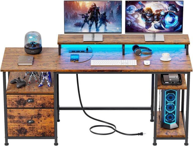 Furologee 61″ Computer Desk with Power Outlet and LED Lights, Desk with Fabric File Cabinet Drawer, Large Reversible Gaming Desk with Shelves and Monitor Stand, Writing Study Desk for Home Office