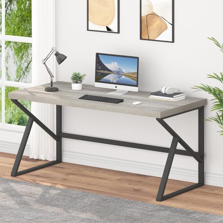 HSH Large Computer Desk, Industrial Metal Wood Gray Home Office Desk, Modern Long Work Study Writing Gaming Table, Student Simple PC Laptop Desk for Bedroom Living Room, Light Grey Oak, 60 Inch