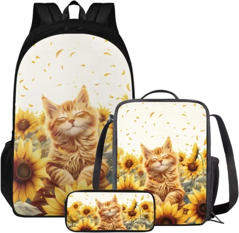 Poceacles 4th 6th Grade Backpack for Girls Bookbags Ages 8-10 10-12 Elementary Middle School Book Bag for Teens 3 Piece Sunflower Kitten Print Kids School Backpack Set with Lunch Bag Pencil Case