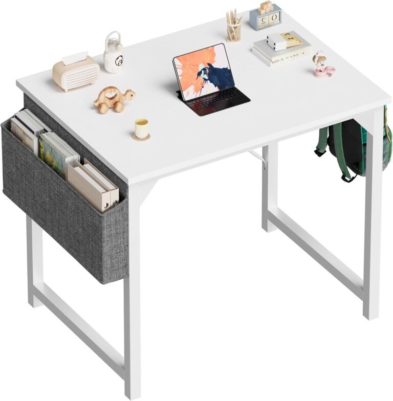 Shahoo Computer Desk 32 Inch Small Office Writing Work Study Kids Student Bedroom Wood Modern Simple Table with Storage Bag & Headphone Hooks, White