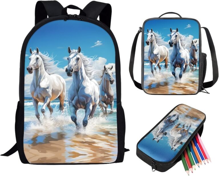 Showudesigns Horse Book Bags for Girls 10-12 Years Old Middle School Backpack With Lunch Box Pencil Case Set Kids School Bag for Boys Age 8-10 Elementary Primary School Bookbag 17inch Daypack