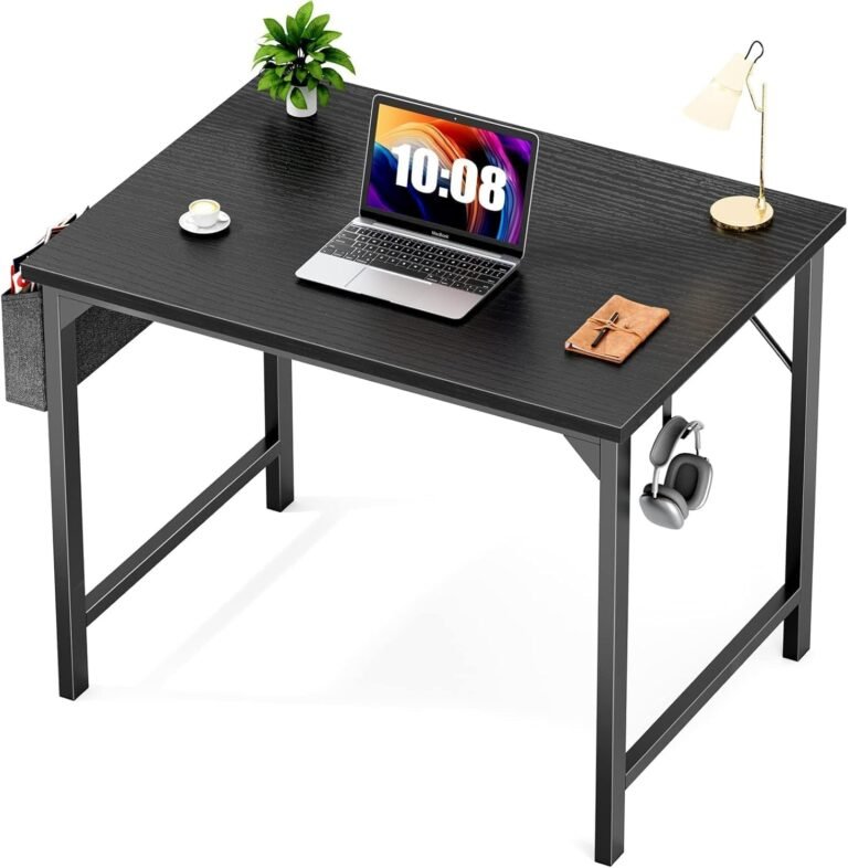 Sweetcrispy Desk- Computer Office Small 32 Inch Writing Study Work Modern Simple Style Wooden Table with Storage Bag & Iron Hook for Home, Bedroom – Black