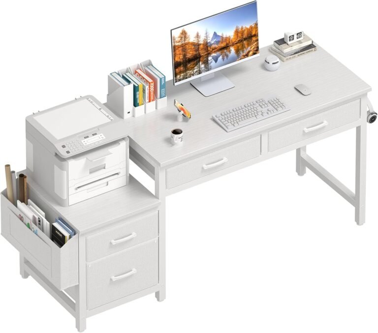 Lufeiya White Computer Desk with Fabric File Drawers Cabinet, 57 Inch Home Office Desks with Filing Cabinet Printer Stand for Small Space, Study Writing Table PC Vanity Desks, White