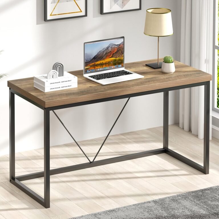 FOLUBAN Modern Home Office Desk, Rustic Wood and Metal Computer Desks, Industrial Study Writing Gaming Table Workstation, Vintage Laptop PC Desk, Oak 53 Inch