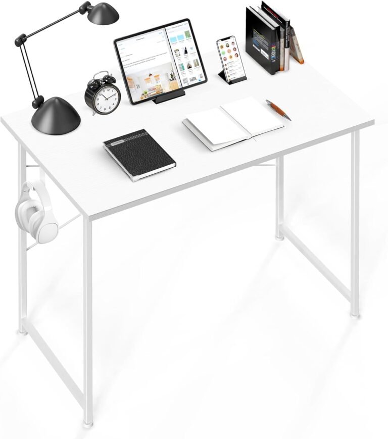 YSSOA Computer Desk Home Office Work Study Writing Modern Simple Table with Headphone Hooks, 40 Inch, Basic White