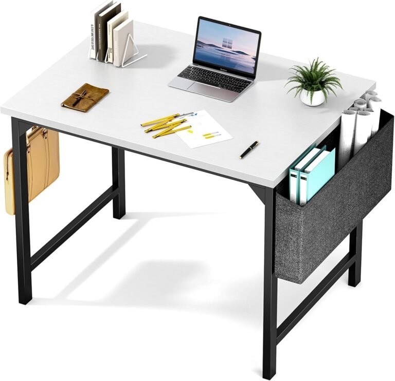 Sweetcrispy Computer Desk – 32 Inch Small Office Writing Work Study Kids Student Teacher Home Bedroom Table Storage Bag Headphone Hooks & no Wheels – White