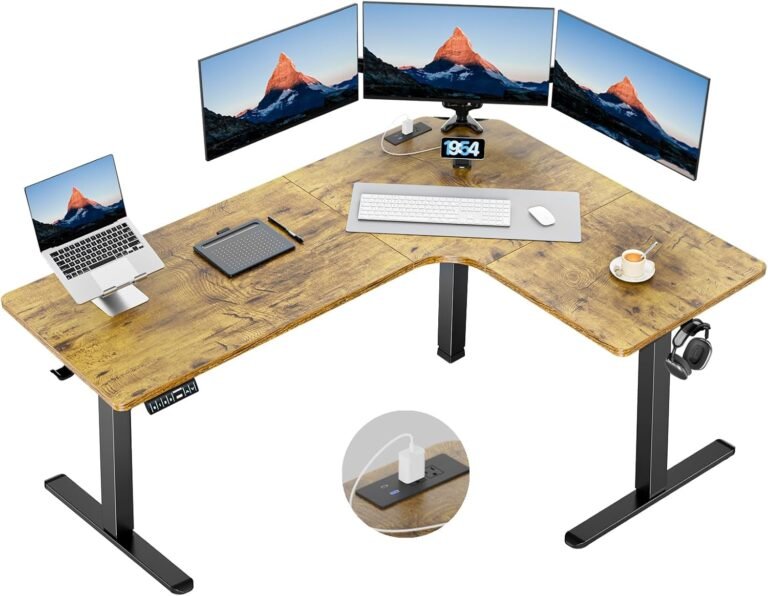 HUANUO 63″ Dual Motor L-Shaped Standing Desk, Built-in Power Outlets, Electric Height Adjustable Corner Computer Desk, Large Power Strip Holder, Sit Stand Up Desk with 3 Preset Heights, Vintage Brown