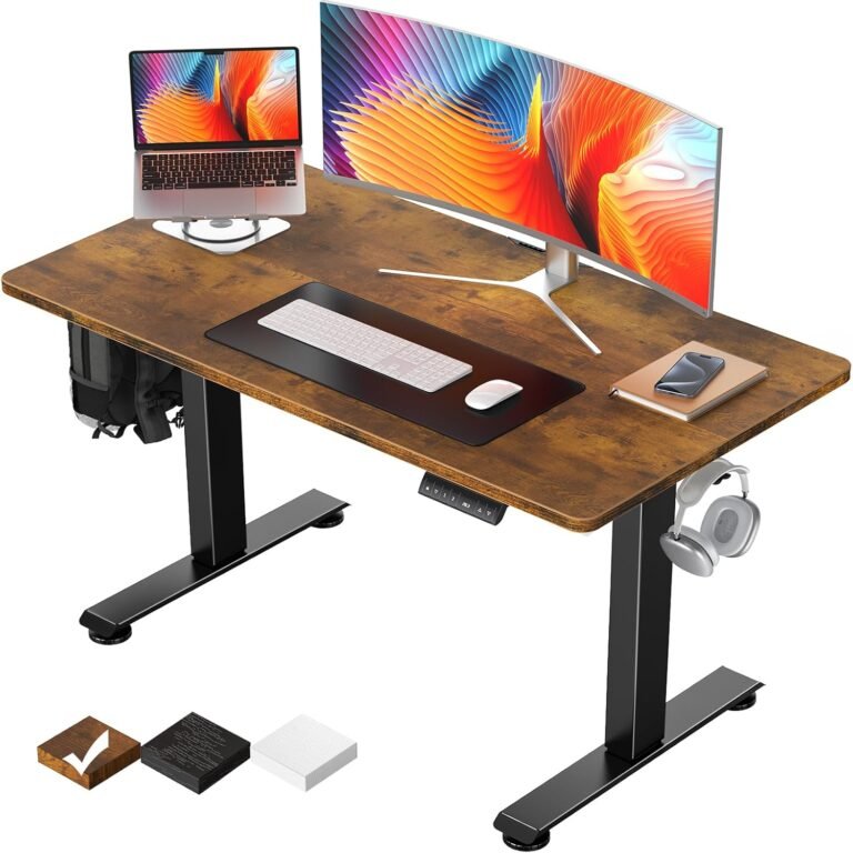 Veken 47.2 Inch Electric Standing Desk, Height Adjustable Sit Stand Up, Wood Desktop, Work Home Office Computer PC Table, Tall Standup Workstation, Gaming Writing Study Bedroom Rising Desks, Brown