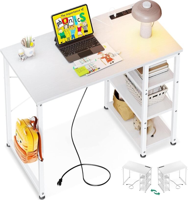 AODK Laptop Desk Small Desk, 32 Inch Computer Desk with Power Outlet and USB & Type-C Charging Port, Writing Desk with 3-Tier Reversible Storage Shelf for Home Office, 32” x 16”, White