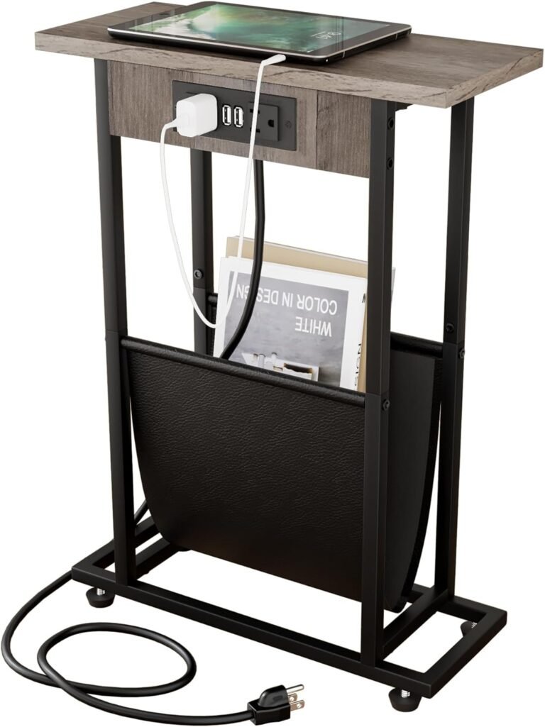 Narrow Side Table with Charge Station and PU Leather Magazine Holder Rustic Slim Little Thin Table for Living Room, Bedroom, Sofa, Grey
