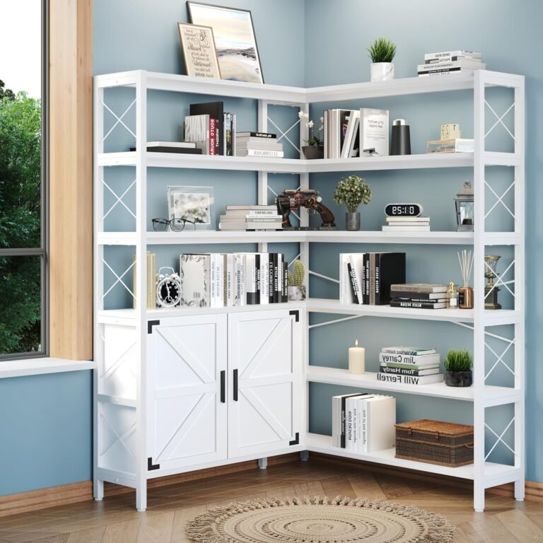 6-Shelf Corner Bookshelf, Vintage Industrial Corner Bookshelf Etagere Bookcase, Large Book Shelf with Metal Frame Open Storage Corner Cabinet (White-Lockers, Large)