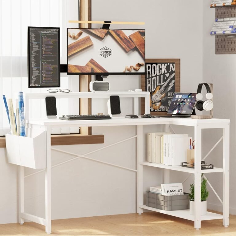 IRONCK L Shaped Desk with Charging Station and Storage Shelves, 47 inch Corner Computer Desk with Monitor Stand, Writing Study Table for Home Office, White