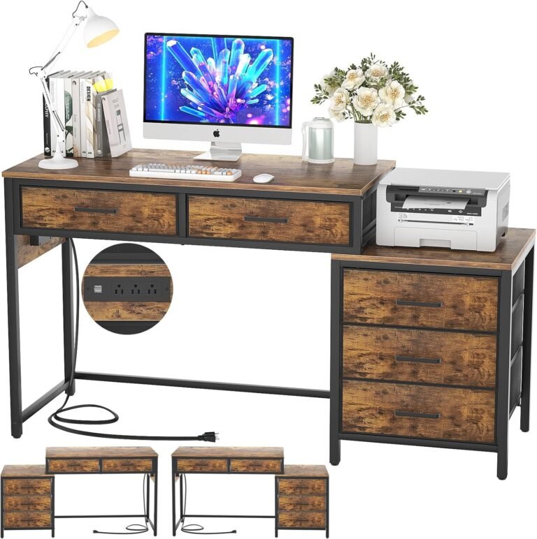 Computer Desk with 5 Drawer, Reversible Office Desk with Power Outlets and USB Charging Port, Sturdy Writing Table with File Cabinet Printer Stand, PC Desk for Small Spaces, Rustic Brown