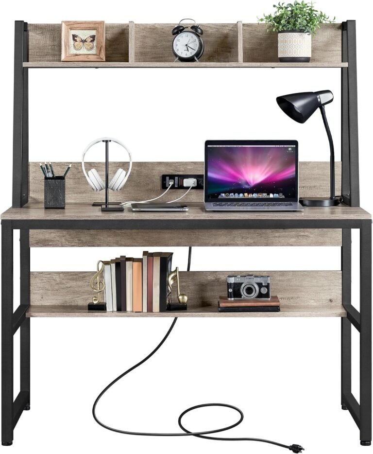 Yaheetech Home Office 47 Inch Writing Desk with Power Outlets and 2 USB Charging Ports for Studying, Gaming Table Computer Desk with Hutch and Bookshelf, Metal Frame Workstation for Office, Gray