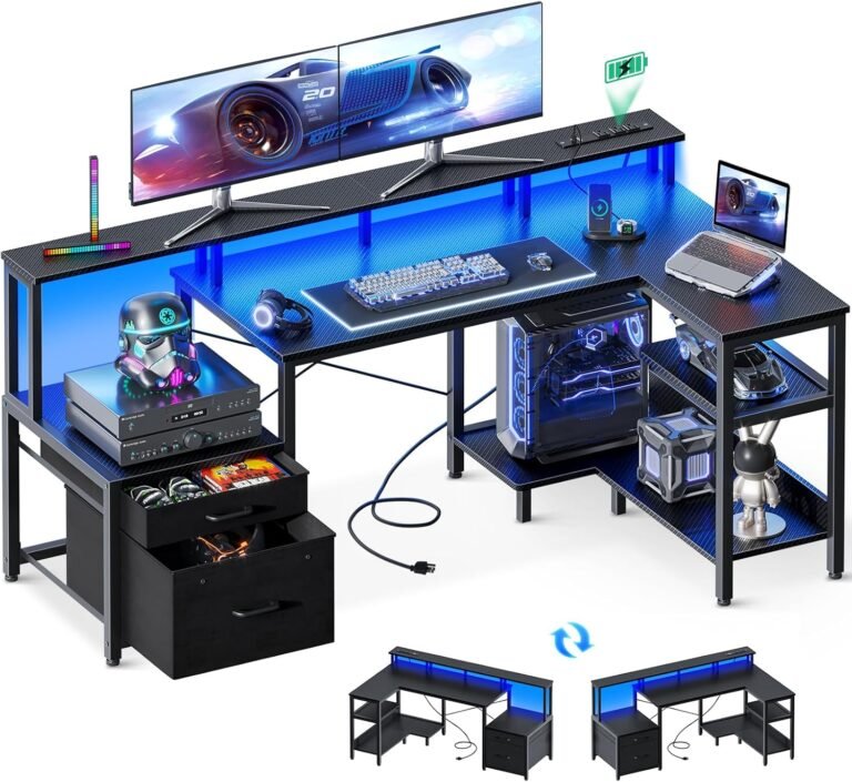 AODK 57 Inch L Shaped Gaming Computer Desk with USB Charging Ports & Power Outlets, Home Office Writing Corner Desk with Drawers and Monitor Stand, Study Table with LED Lighting, Carbon Black