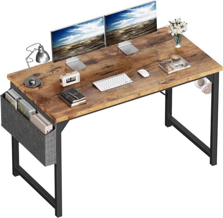 Shahoo Computer Desk 48 Inch Home Office Writing Work Study Student Bedroom Wood Modern Simple Table with Storage Bag & Headphone Hooks, Rustic Brown