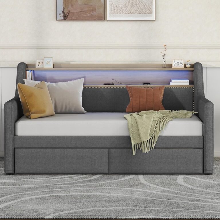 Twin Size Upholstered Daybed with Storage Drawers,Daybed with Charging Station and LED Lights for Bedroom, Studyroom,Guestroom, Livingroom (Gray-@Linen + Twin)