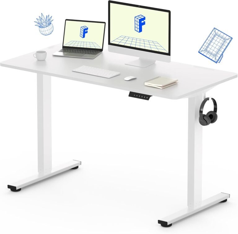 FLEXISPOT EN1 One-Piece Standing Desk, 48 x 24 Inches Solid Desktop Height Adjustable Desk, Electric Sit Stand Up Desk Home Office Desks (White Frame + White Desktop)