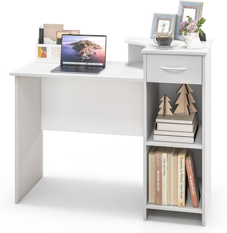 Tangkula White Desk with Storage Drawer & Shelves, Modern Computer Desk with Adjustable Shelf & Cable Hole, Compact Writing Study Desk, Wooden Computer Workstation for Home Office, White