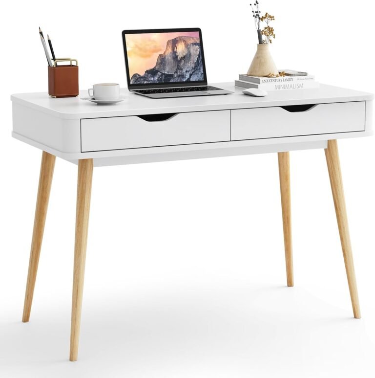 Tangkula Mid Century Desk with 2 Storage Drawers, Modern Writing Study Desk with Rubber Wood Legs, Versatile Home Office Study Desk for Small Space, Vanity Table for Bedroom (White)