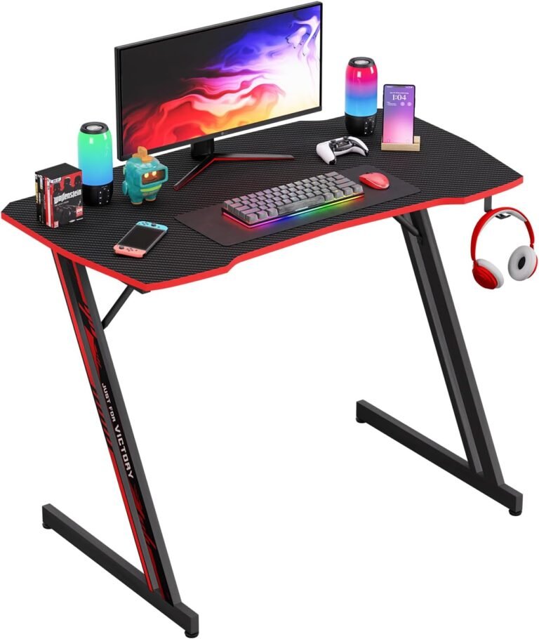 PayLessHere 39 Inch Z-Shaped Gaming Desk Computer Desk for Home Office with Headphone Hook Sturdy Workstation Table with Spacious Desktop,Red
