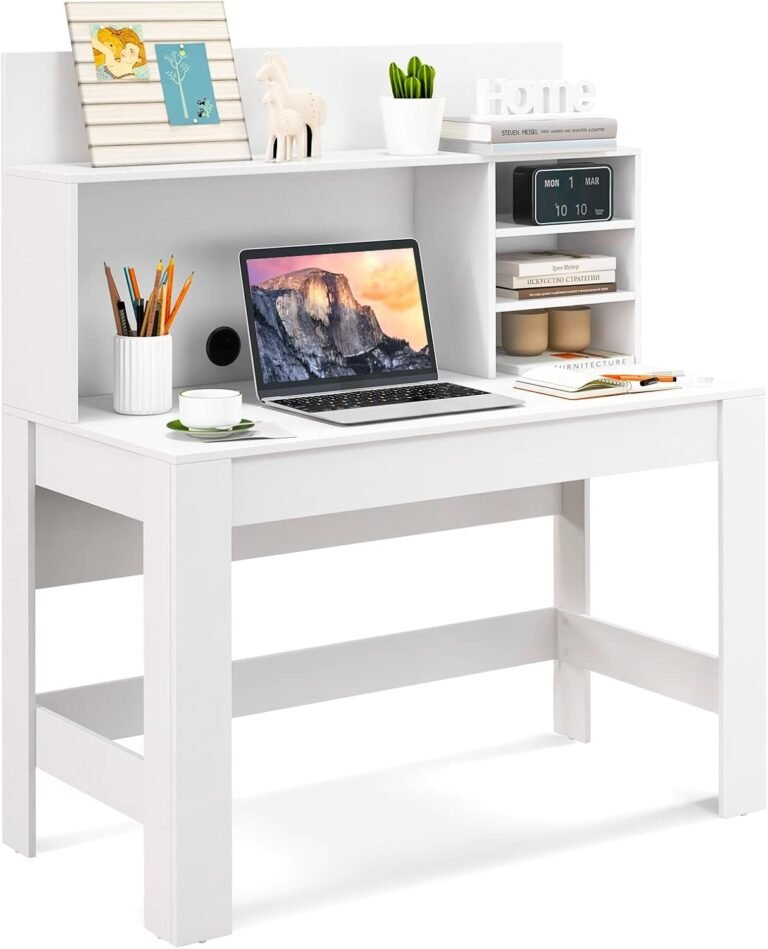 Giantex White Computer Desk with Bookshelf, 48″ Home Office Writing Desk with Anti-Tipping Kits & Cable Management Hole, Modern Study Table Workstation for Small Space Bedroom