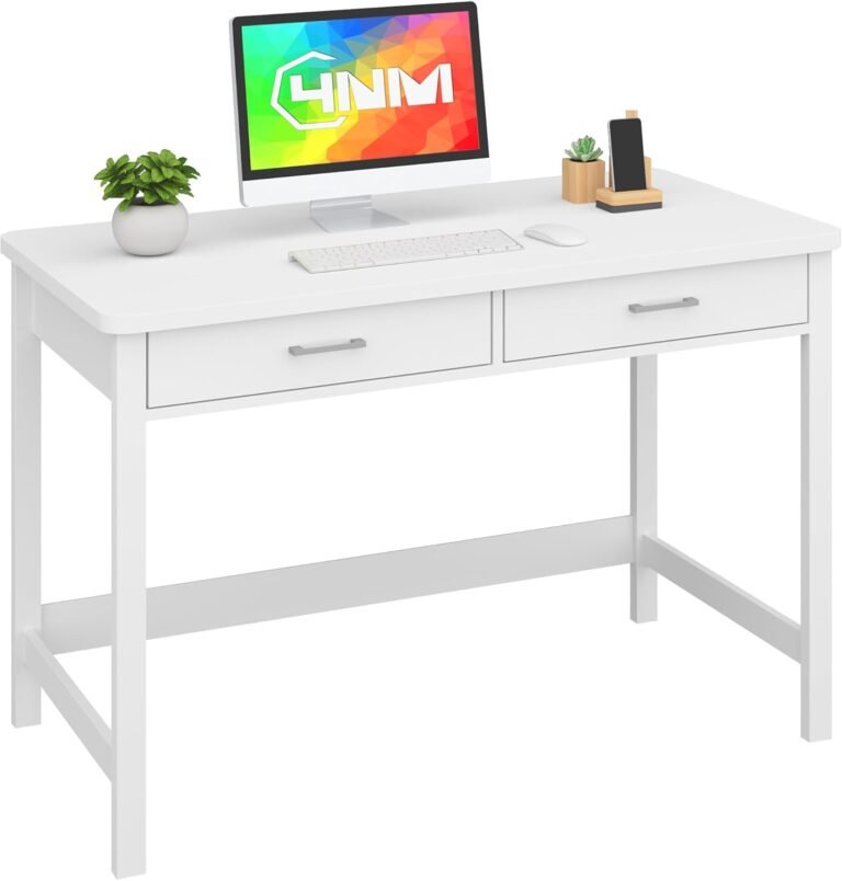 4NM 39.4″ Small Desk with Wood Drawers, Home Office Computer Desk with Wooden Legs, Study Writing Table Vanity Desk for Small Spaces – White
