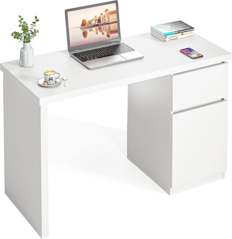 furtble White Desk with Drawers, 55 Inch Small Cute Desk for Bedroom, Home Office PC Desk Workstation Study Table Desk with Storage, White