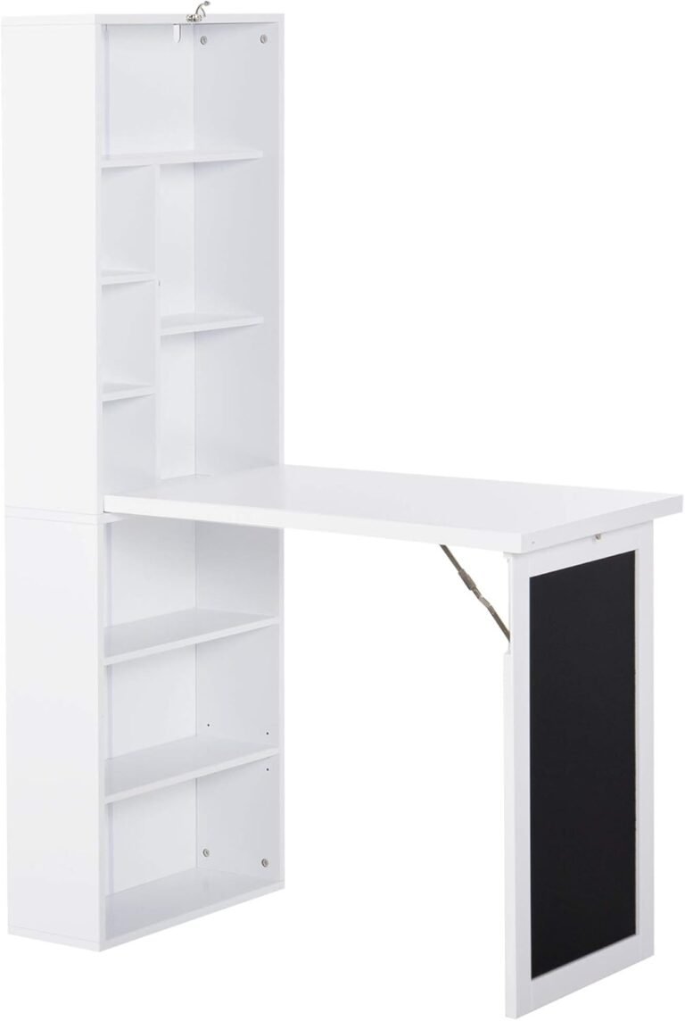 HOMCOM Fold-Out Convertible Writing Table Wall Mount Desk Cabinet with Blackboard and Side Shelf Multi-Function Home Office Workstation, White