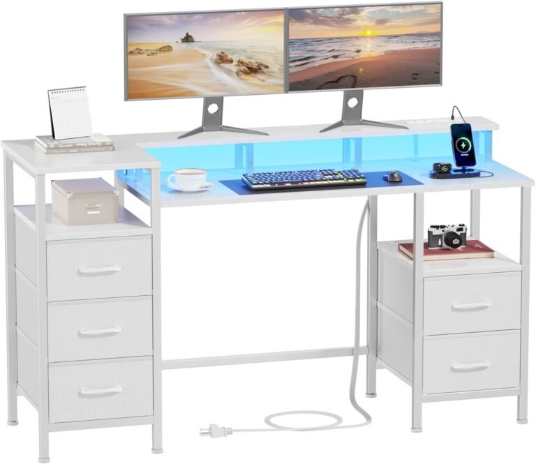 White Computer Desk with Power Outlets & LED Lights, Reversible Gaming Desk with 5 Fabric Storage Drawers, 47″ Home Office Desk with Monitor Stand Shelves for Working, Vanity Table for Bedroom