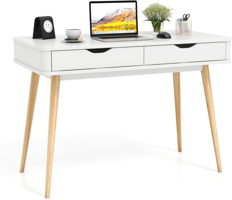 Giantex Mid-Century Desk with 2 Drawers, 43.5″ Writing Study Desk with Solid Rubber Wood Legs, Home Office Computer Workstation PC Laptop Desk, Modern Makeup Vanity Table for Bedroom (White & Natural)