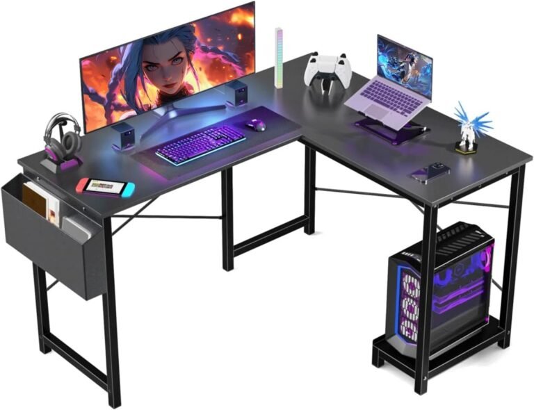 L-Shaped Wooden PC Desk for Gaming and Work – 50 Inch Writing Space-Saving Corner Table with CPU Storage Shelf, Side Bag, Home, Office, Black