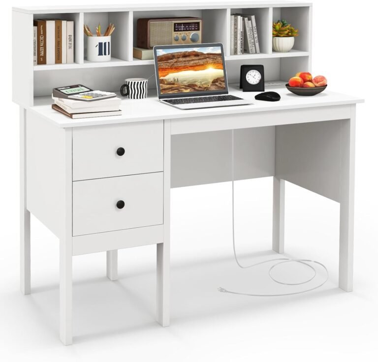 Giantex White Desk with Drawers & Hutch, Home Office Desk with Charging Station, 5 Storage Cubbies, Makeup Vanity Table, Modern Study Writing Desk, PC Laptop Desks, Computer Workstation for Bedroom
