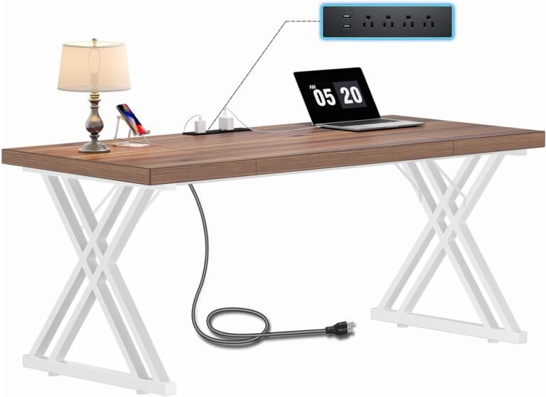 Executive Desk 63″, Large Computer Desk with Charging Station, Office Workstation, Modern Simple Style Study Writing Table, Business Furniture for Home Office