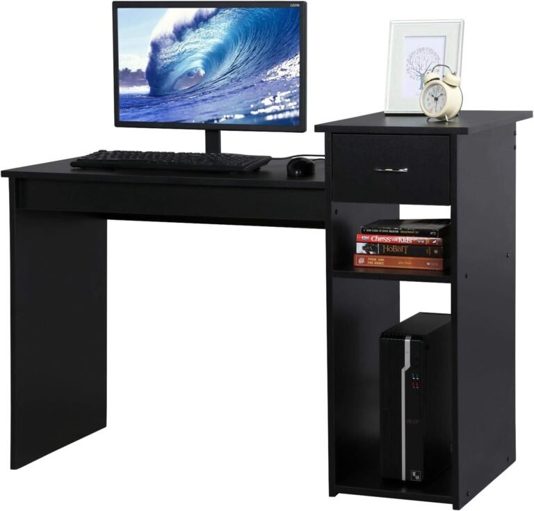 Topeakmart Modern Computer Desk, 47 inch Home Office Computer Desk, Study Writing PC Table Workstation with Drawers and Printer Shelf for Small Spaces, Home Office Furniture