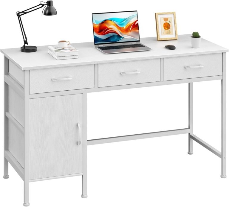 White Desk with Storage Cabinet and 3 Fabric Drawers, 39 Inch Home Office Desk for Writing Study Gaming, Small Computer Table with Storage Space, Modern Vanity Desk for Bedroom