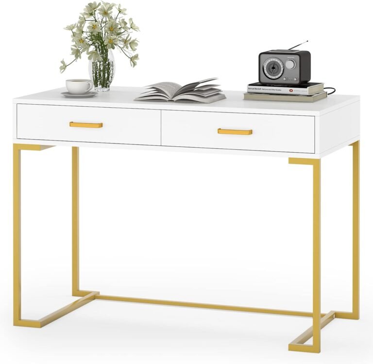 Tribesigns 40 Inch Computer Desk, White and Gold Desk with 2 Drawers, Modern Simple Home Office Desk, Gold Writing Desk Study Table for Bedroom, Modern Makeup Vanity Desk for Small Spaces