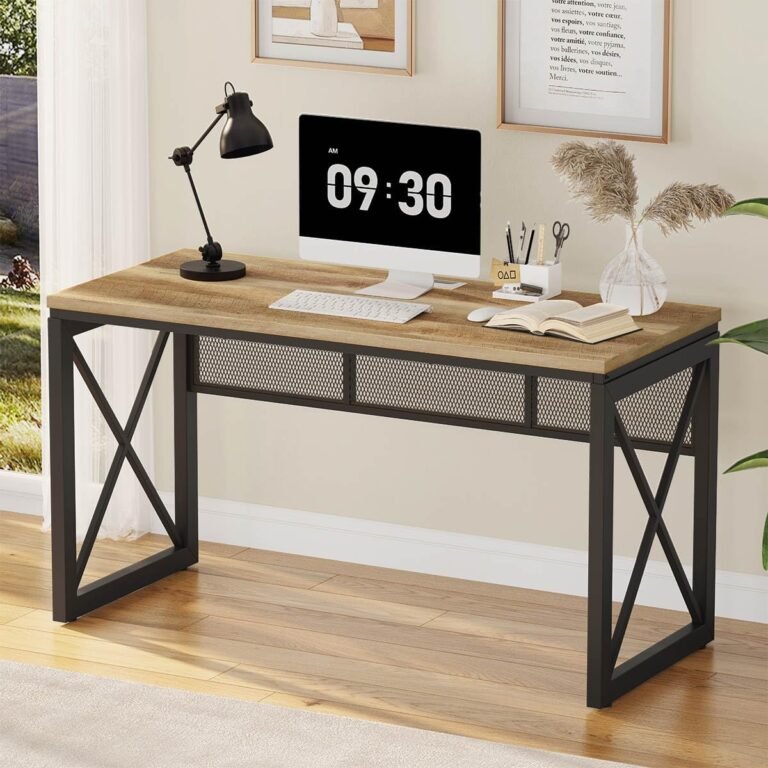 BON AUGURE Farmhouse Computer Desk, Modern Industrial Home Office Desk, Wood Metal Study Writing Table, Sturdy Gaming Desk (Vintage Oak, 54 Inch)