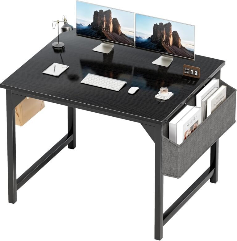 Shahoo 32 Inch Computer Desk, Wood Modern Simple Home Office Table for Small Spaces with Storage Bag and Headphone Hook for Home, Office, Study, Writing, Black