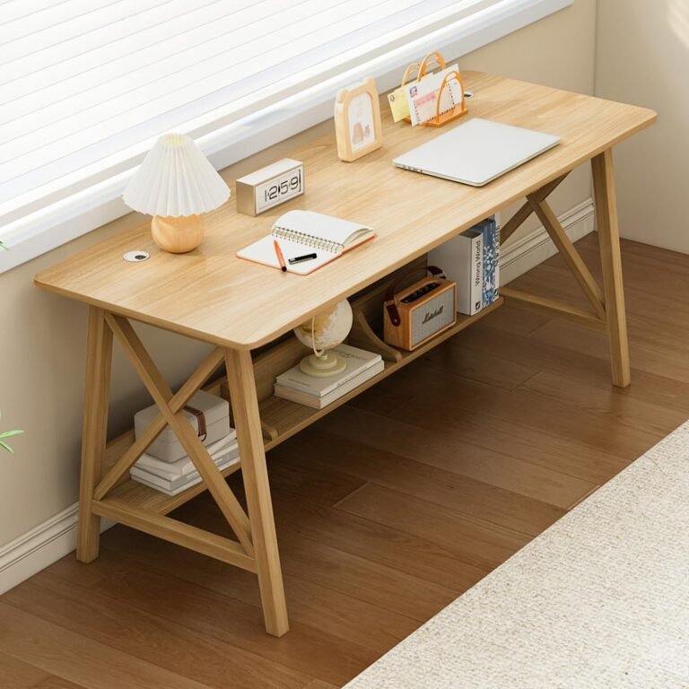 Extra Long Desk with Bookshelf – Solid Wood Home Office Work Study Table, 2-Person Writing Computer Workstation with Storage Shelf in Oak, 55″ Wx20 Dx30 H