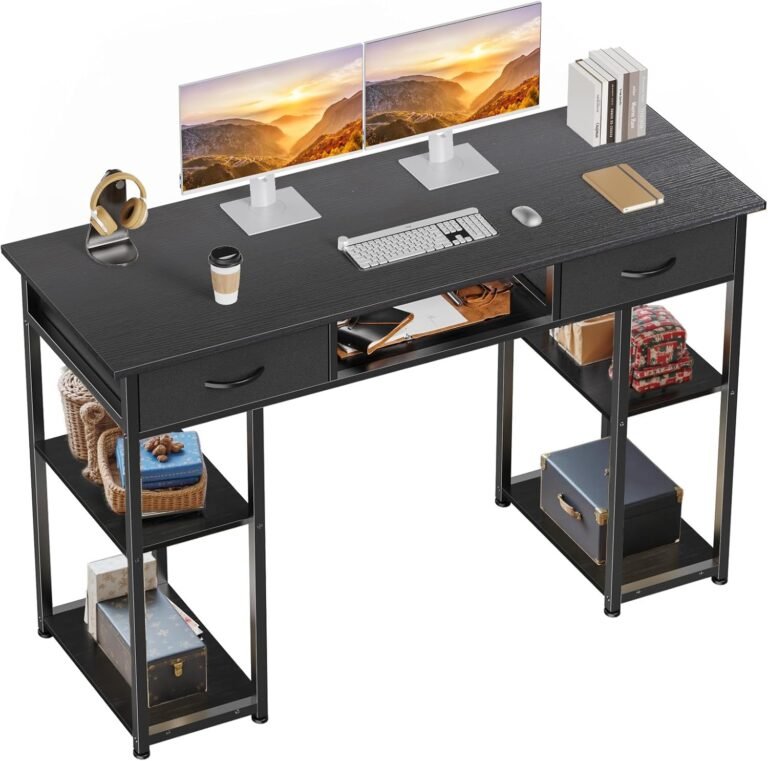 Sweetcrispy Computer Desk 48 Inch Home Office Bedroom Writing Study PC Table with Fabric Drawers Storage Shelves Space Side Bag Headphone Hook Metal Frame Adjustable Feet Modern Simple Style